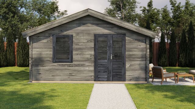 Attefallshus Åkersberga - 5x4m (20 kvm) - Grå Tryckimpregnerat – Sidovy med stängt fönster och tydlig träpanel.