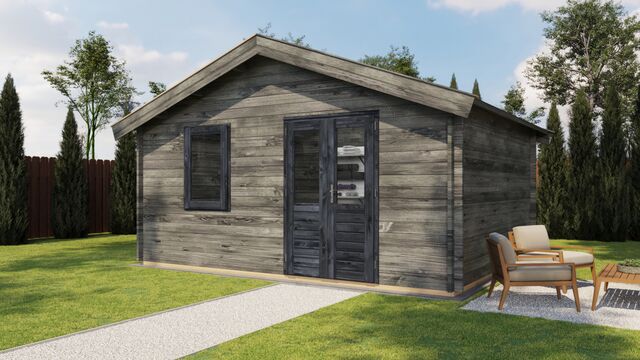 Attefallshus Åkersberga - 5x4m (20 kvm) - Grå Tryckimpregnerat – Sned sidovy som visar fönstrets placering och bakre vägg.