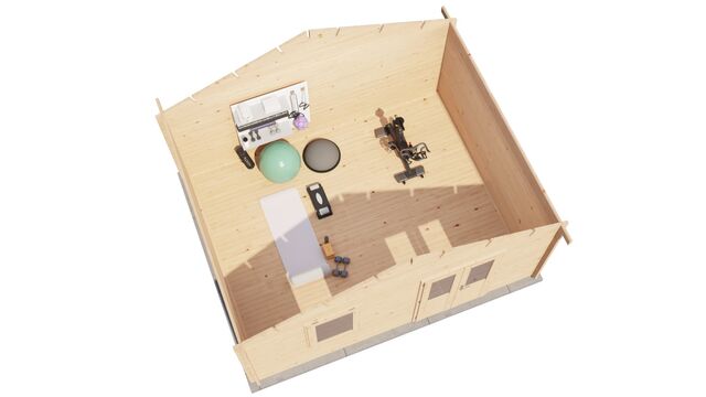 Attefallshus Åkersberga - 5x4m (20 kvm) - Obehandlat – 3D-vy av interiör med förvaring.