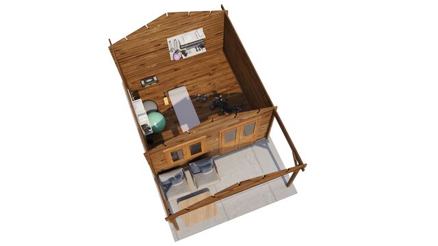 Attefallshus Arvidsjaur - 4x6m (24 kvm) - Brun Tryckimpregnerat – 3D-vy ovanifrån av interiören med hyllor och verktyg.