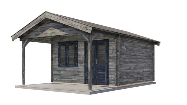 Attefallshus Arvidsjaur - 4x6m (24 kvm) - Grå Tryckimpregnerat – Sned bakifrån vy som visar förrådets trästruktur och kompakta form.