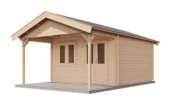 Vykra Attefallshus Arvidsjaur 24kvm i obehandlat trä, framsida utan omgivning