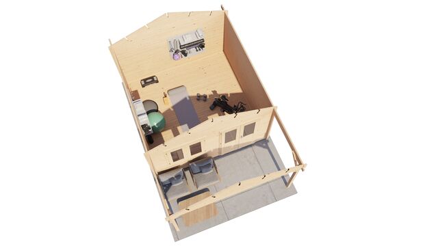 3D-vy av interiören i Vykra Attefallshus Arvidsjaur 24kvm, sedd ovanifrån med möbler