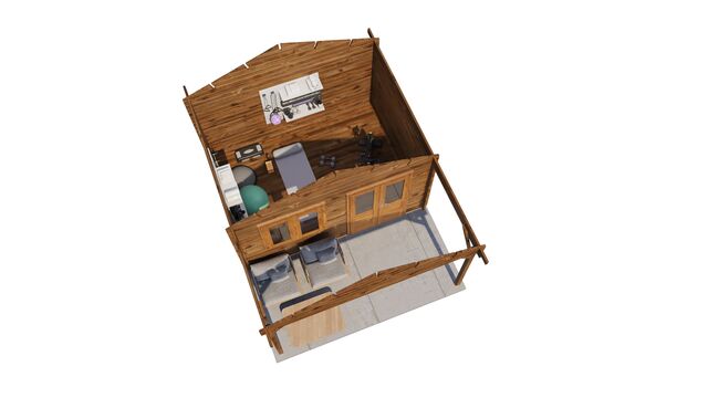 Attefallshus Säffle - 4x5m (20 kvm) - Brun Tryckimpregnerat – 3D-vy ovanifrån av interiören med hyllor och verktyg.