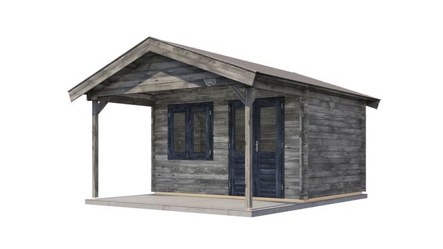 Attefallshus Säffle - 4x5m (20 kvm) - Grå Tryckimpregnerat – Sned bakifrån vy som visar förrådets trästruktur och kompakta form.