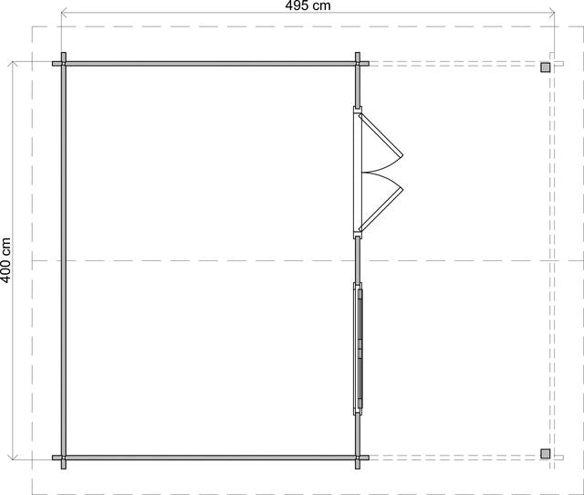 Attefallshus Säffle - 4x5m (20 kvm) - Grå Tryckimpregnerat – Teknisk ritning uppifrån som visar yttermått.
