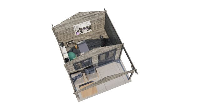 Attefallshus Säffle - 4x5m (20 kvm) - Grå Tryckimpregnerat – 3D-vy ovanifrån av interiören med hyllor och verktyg.