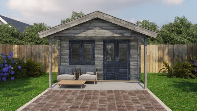 Attefallshus Säffle - 4x5m (20 kvm) - Grå Tryckimpregnerat – Sidovy med stängt fönster och tydlig träpanel.