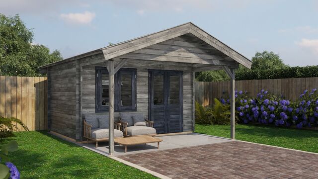 Attefallshus Säffle - 4x5m (20 kvm) - Grå Tryckimpregnerat – Rakt framifrån fasadvy med dörr och fönster i stängt läge.