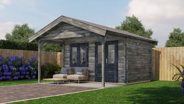 Attefallshus Säffle - 4x5m (20 kvm) - Grå Tryckimpregnerat – Sned sidovy som visar fönstrets placering och bakre vägg.