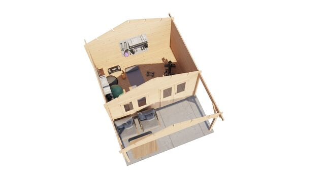 3D-vy av interiören i Vykra Attefallshus Säffle 20kvm, sedd ovanifrån med köksdel och möblerad yta