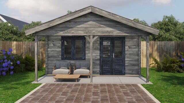 Attefallshus Älvdalen - 5x5m (25 kvm) - Grå Tryckimpregnerat – Sidovy med stängt fönster och tydlig träpanel.