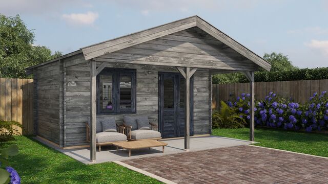 Attefallshus Älvdalen - 5x5m (25 kvm) - Grå Tryckimpregnerat – Rakt framifrån fasadvy med dörr och fönster i stängt läge.