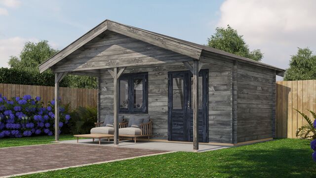 Attefallshus Älvdalen - 5x5m (25 kvm) - Grå Tryckimpregnerat – Sned sidovy som visar fönstrets placering och bakre vägg.