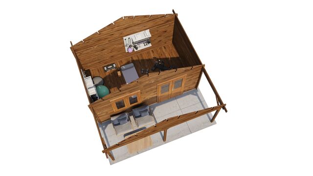 Attefallshus Älvdalen - 5x5m (25 kvm) - Brun Tryckimpregnerat – 3D-vy ovanifrån av interiören med hyllor och verktyg.