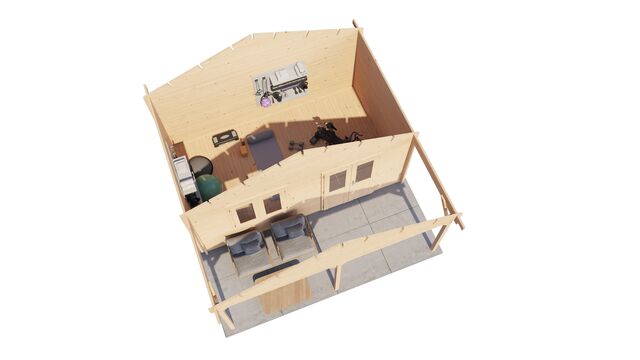 Attefallshus Älvdalen - 5x5m (25 kvm) - Obehandlat – 3D-vy av interiör med förvaring.