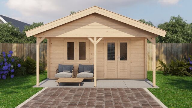 Attefallshus Älvdalen - 5x5m (25 kvm) - Obehandlat – Vy från sidan med stängd dörr.