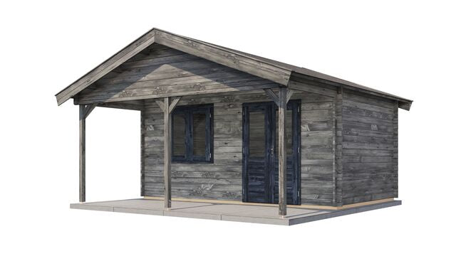 Attefallshus Älvdalen - 5x5m (25 kvm) - Grå Tryckimpregnerat – Sned bakifrån vy som visar förrådets trästruktur och kompakta form.