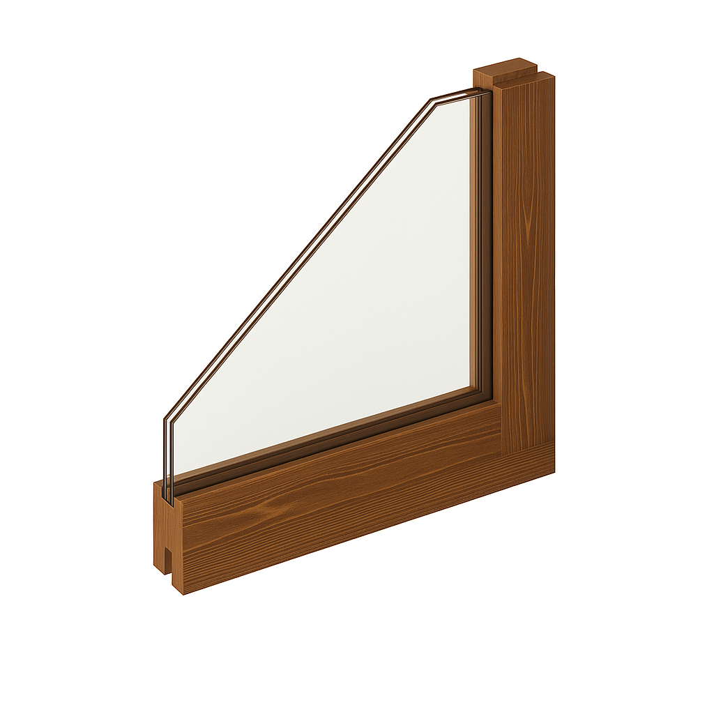 Tvärsnitt av ett fönster i brunbetsat trä med isolerglas och modern design.