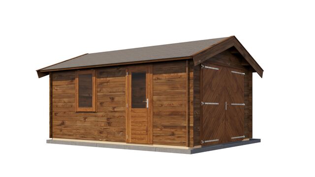 Förråd Hedemora - 3,5x5m (17,5 kvm) - Brun Tryckimpregnerat – Sned bakifrån vy som visar förrådets trästruktur och kompakta form.