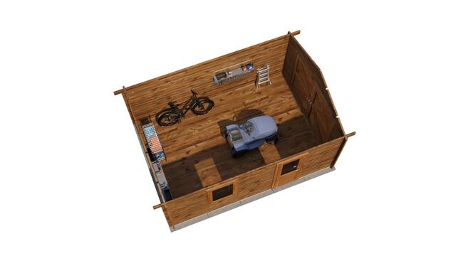Förråd Hedemora - 3,5x5m (17,5 kvm) - Brun Tryckimpregnerat – 3D-vy ovanifrån av interiören med hyllor och verktyg.