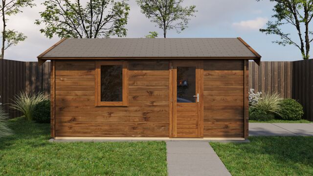 Förråd Hedemora - 3,5x5m (17,5 kvm) - Brun Tryckimpregnerat – Sidovy med stängt fönster och tydlig träpanel.