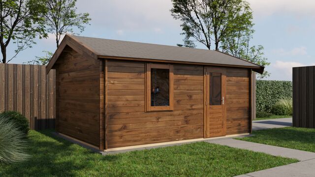 Förråd Hedemora - 3,5x5m (17,5 kvm) - Brun Tryckimpregnerat – Rakt framifrån fasadvy med dörr och fönster i stängt läge.