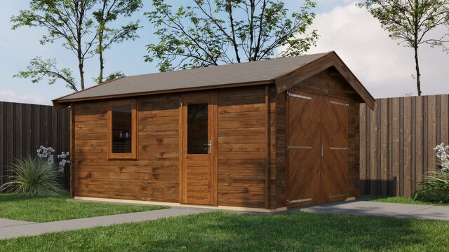 Förråd Hedemora - 3,5x5m (17,5 kvm) - Brun Tryckimpregnerat – Sned sidovy som visar fönstrets placering och bakre vägg.