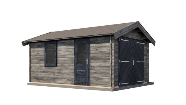 Förråd Hedemora - 3,5x5m (17,5 kvm) - Grå Tryckimpregnerat – Sned bakifrån vy som visar förrådets trästruktur och kompakta form.