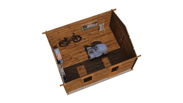 Förråd Lycksele - 4x5m (20 kvm) - Brun Tryckimpregnerat – 3D-vy ovanifrån av interiören med hyllor och verktyg.
