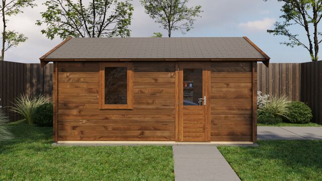 Förråd Lycksele - 4x5m (20 kvm) - Brun Tryckimpregnerat – Sidovy med stängt fönster och tydlig träpanel.