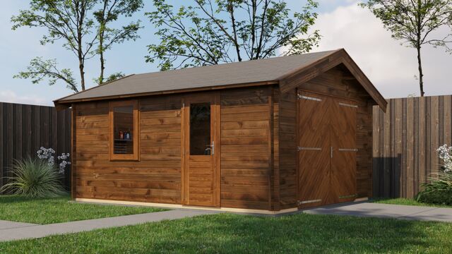 Förråd Lycksele - 4x5m (20 kvm) - Brun Tryckimpregnerat – Sned sidovy som visar fönstrets placering och bakre vägg.