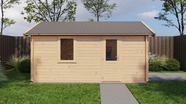 Förråd Lycksele - 4x5m (20 kvm) - Obehandlat – Vy från sidan med stängd dörr.