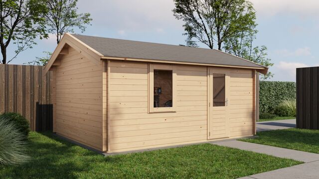 Förråd Lycksele - 4x5m (20 kvm) - Obehandlat – Rakt framifrån där fasaden syns tydligt.