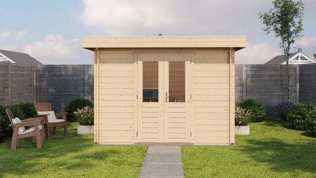 Förråd Skövde - 3x2m (6 kvm) - Obehandlat – Vy från sidan med stängd dörr.