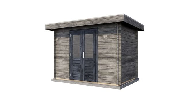 Förråd Skövde - 3x2m (6 kvm) - Grå Tryckimpregnerat – Sned bakifrån vy som visar förrådets trästruktur och kompakta form.