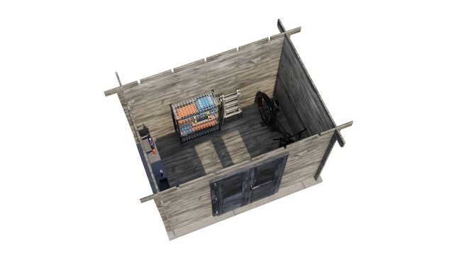 Förråd Skövde - 3x2m (6 kvm) - Grå Tryckimpregnerat – 3D-vy ovanifrån av interiören med hyllor och verktyg.