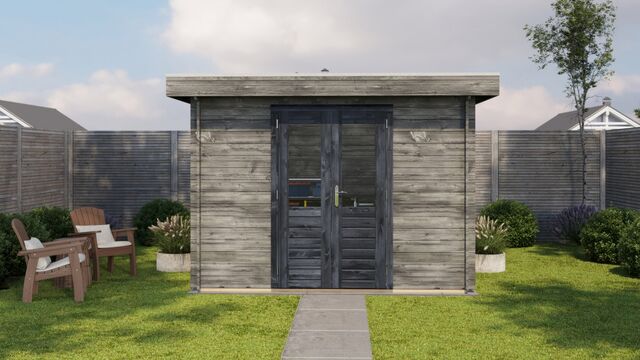 Förråd Skövde - 3x2m (6 kvm) - Grå Tryckimpregnerat – Sidovy med stängt fönster och tydlig träpanel.