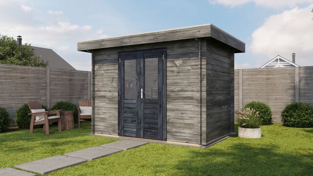 Förråd Skövde - 3x2m (6 kvm) - Grå Tryckimpregnerat – Rakt framifrån fasadvy med dörr och fönster i stängt läge.