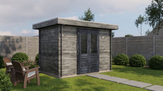 Förråd Skövde - 3x2m (6 kvm) - Grå Tryckimpregnerat – Sned sidovy som visar fönstrets placering och bakre vägg.