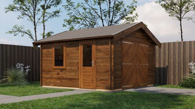 Förråd Tranås - 4x4m (16 kvm) - Brun Tryckimpregnerat – Sned sidovy som visar fönstrets placering och bakre vägg.