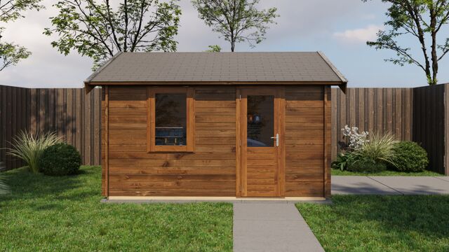 Förråd Tranås - 4x4m (16 kvm) - Brun Tryckimpregnerat – Sidovy med stängt fönster och tydlig träpanel.