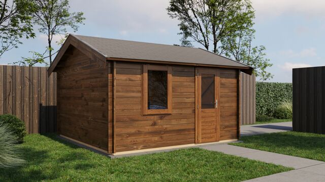 Förråd Tranås - 4x4m (16 kvm) - Brun Tryckimpregnerat – Rakt framifrån fasadvy med dörr och fönster i stängt läge.