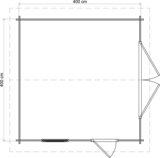 Förråd Tranås - 4x4m (16 kvm) - Brun Tryckimpregnerat – Teknisk ritning uppifrån som visar yttermått.