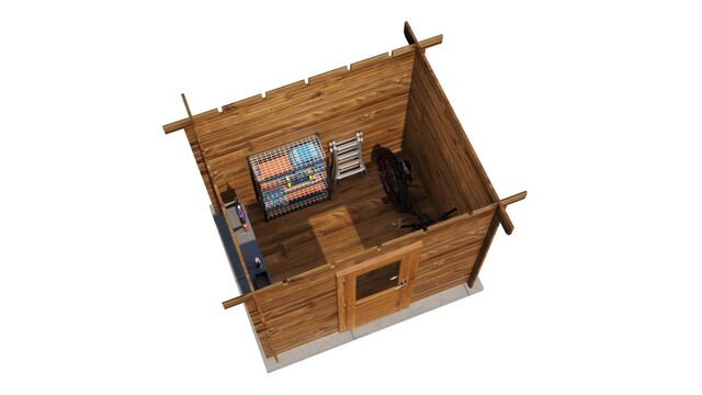 Förråd Trollhättan - 2,5x2m (5 kvm) - Brun Tryckimpregnerat – 3D-vy ovanifrån av interiören med hyllor och verktyg.