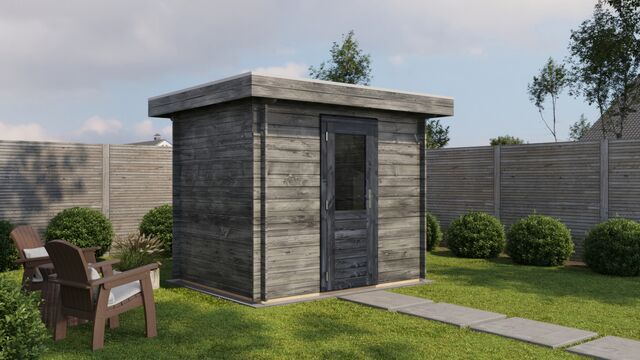 Förråd Trollhättan - 2,5x2m (5 kvm) - Grå Tryckimpregnerat – Sidovy med stängt fönster och tydlig träpanel.