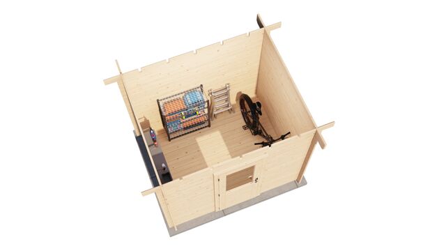 Förråd Trollhättan - 2,5x2m (5 kvm) - Obehandlat – 3D-vy av interiör med förvaring.