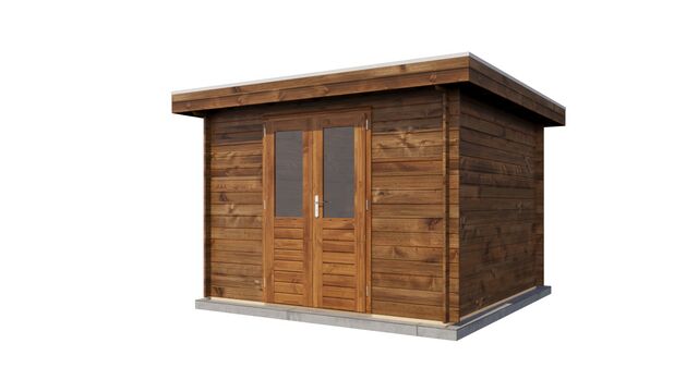 Förråd Uddevalla - 3x3m (9 kvm) - Brun Tryckimpregnerat – Sned bakifrån vy som visar förrådets trästruktur och kompakta form.