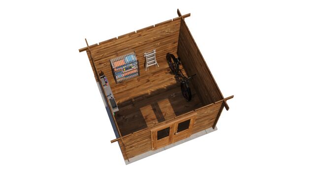 Förråd Uddevalla - 3x3m (9 kvm) - Brun Tryckimpregnerat – 3D-vy ovanifrån av interiören med hyllor och verktyg.