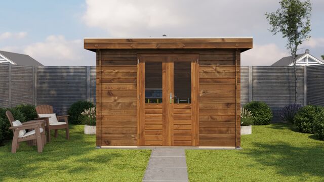 Förråd Uddevalla - 3x3m (9 kvm) - Brun Tryckimpregnerat – Sidovy med stängt fönster och tydlig träpanel.